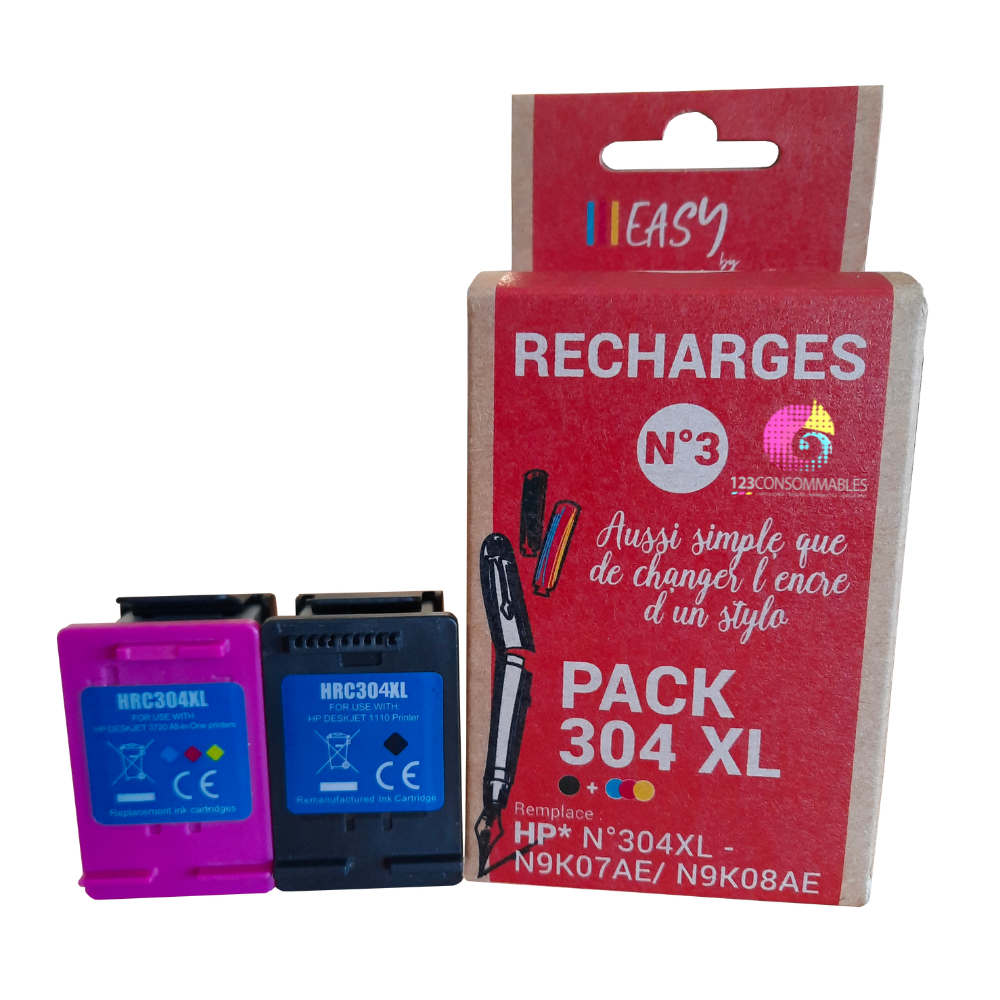 EASY-KIT Pack N°3 de 2 recharges cartouches compatibles HP 304XL – Noir + Couleur